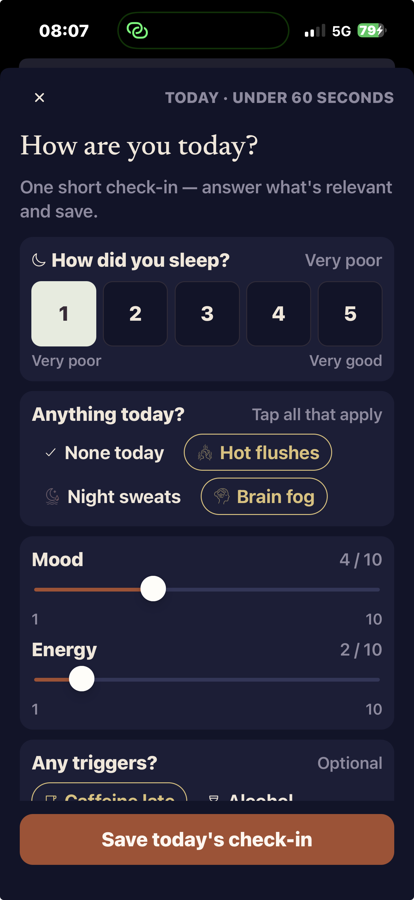 Arlwena daily check-in screen with sleep, mood, energy and trigger questions
