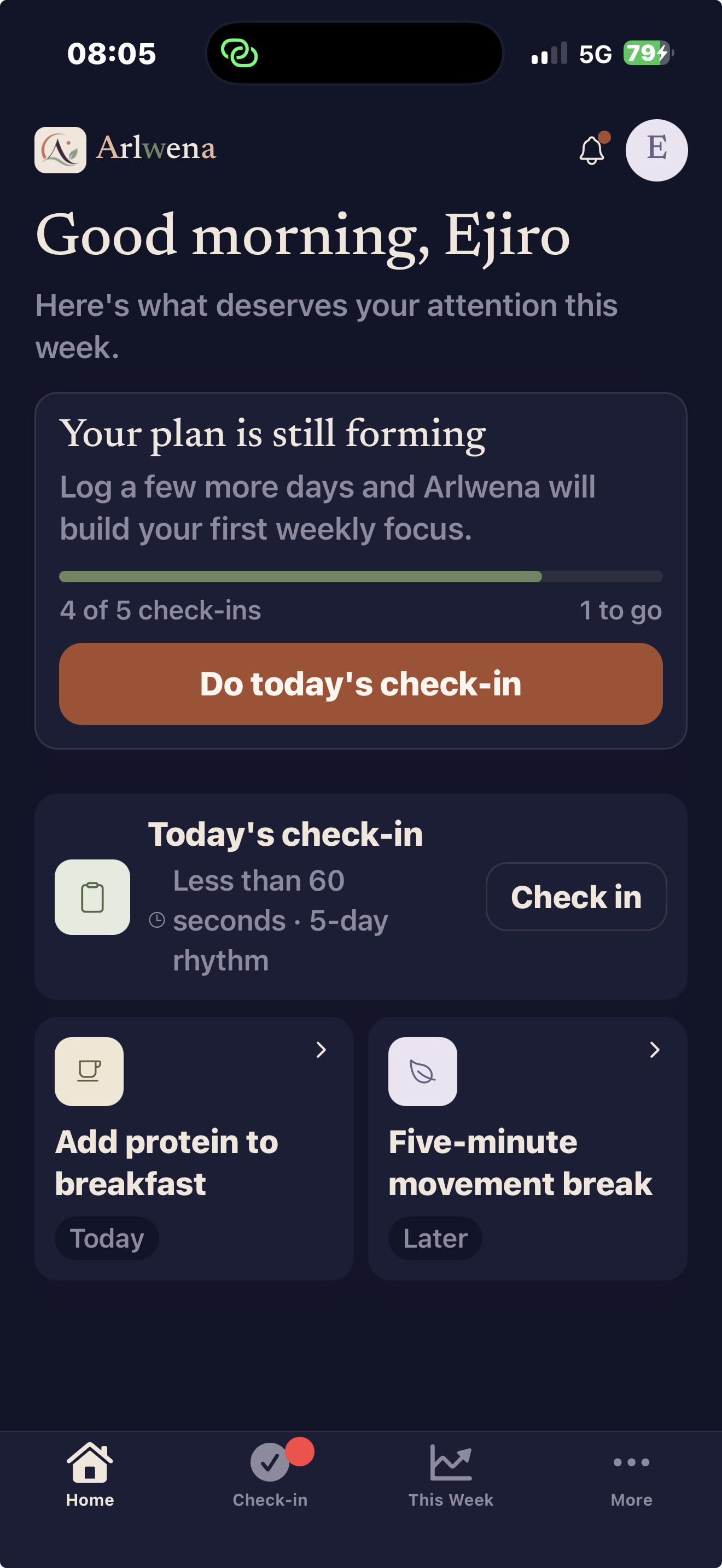 Arlwena Home screen showing today's weekly-plan progress and check-in prompt